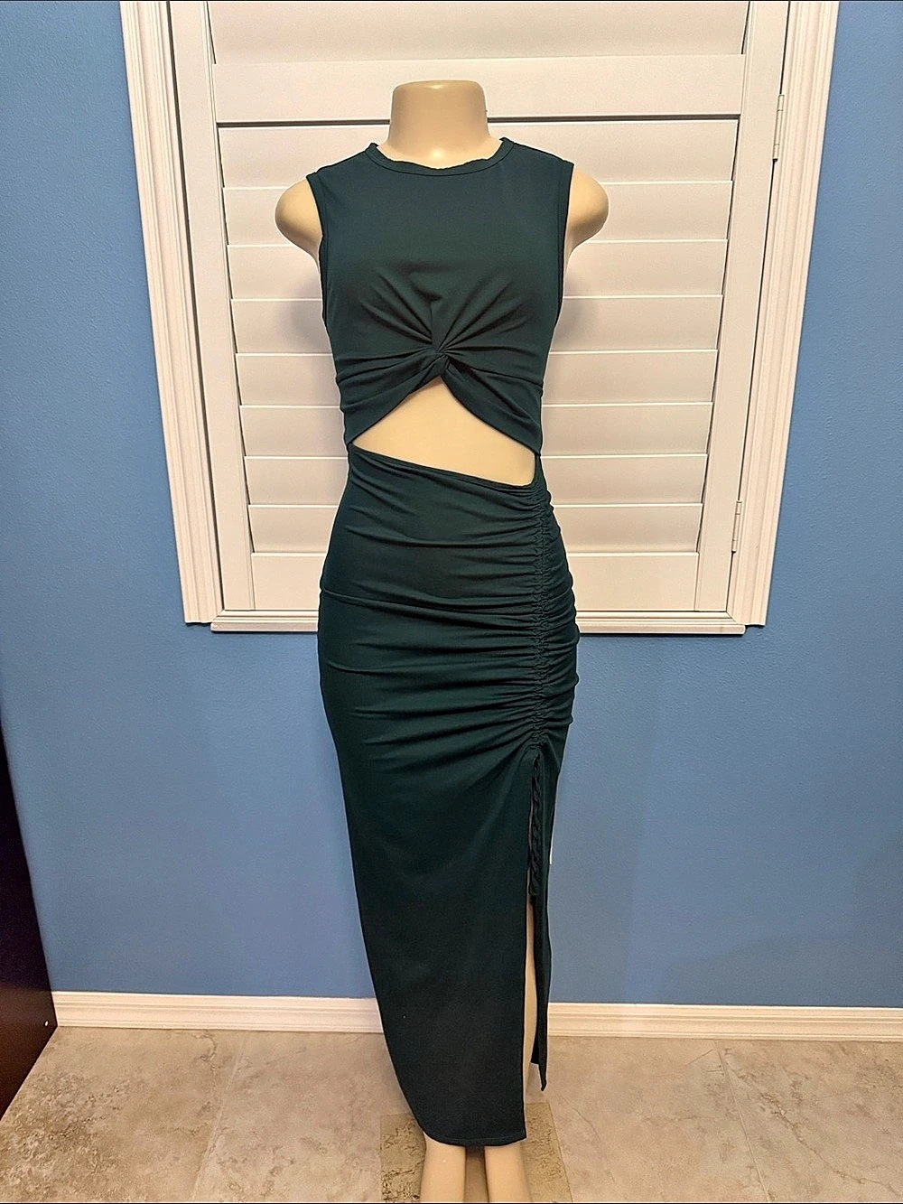 Ruched Cutout Maxi Dress in Green Like New